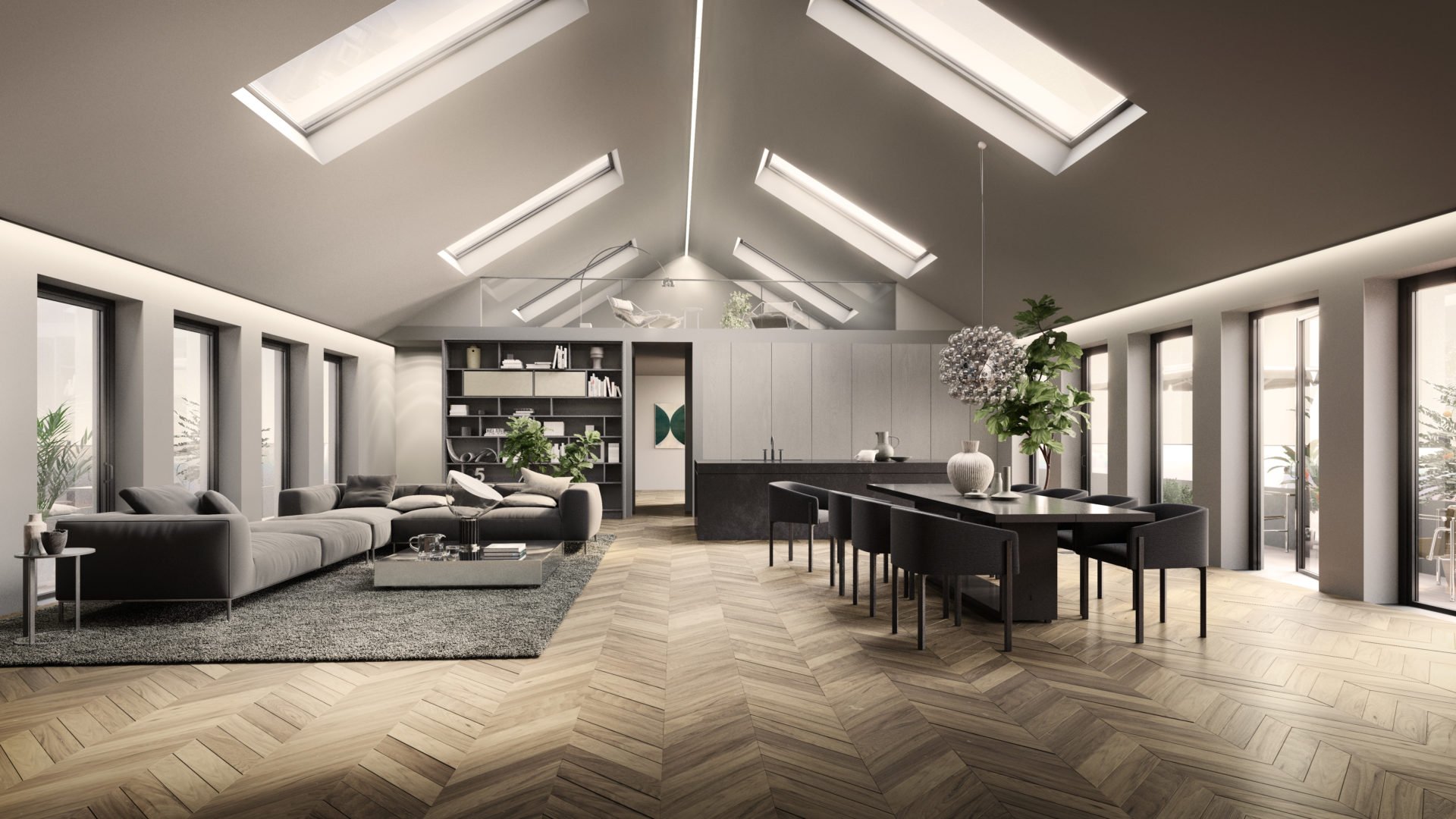 Luftig vindsvåning med inredning i gråa toner i Karlaplan 2 där Ebab bidragit i ett CM-projekt.