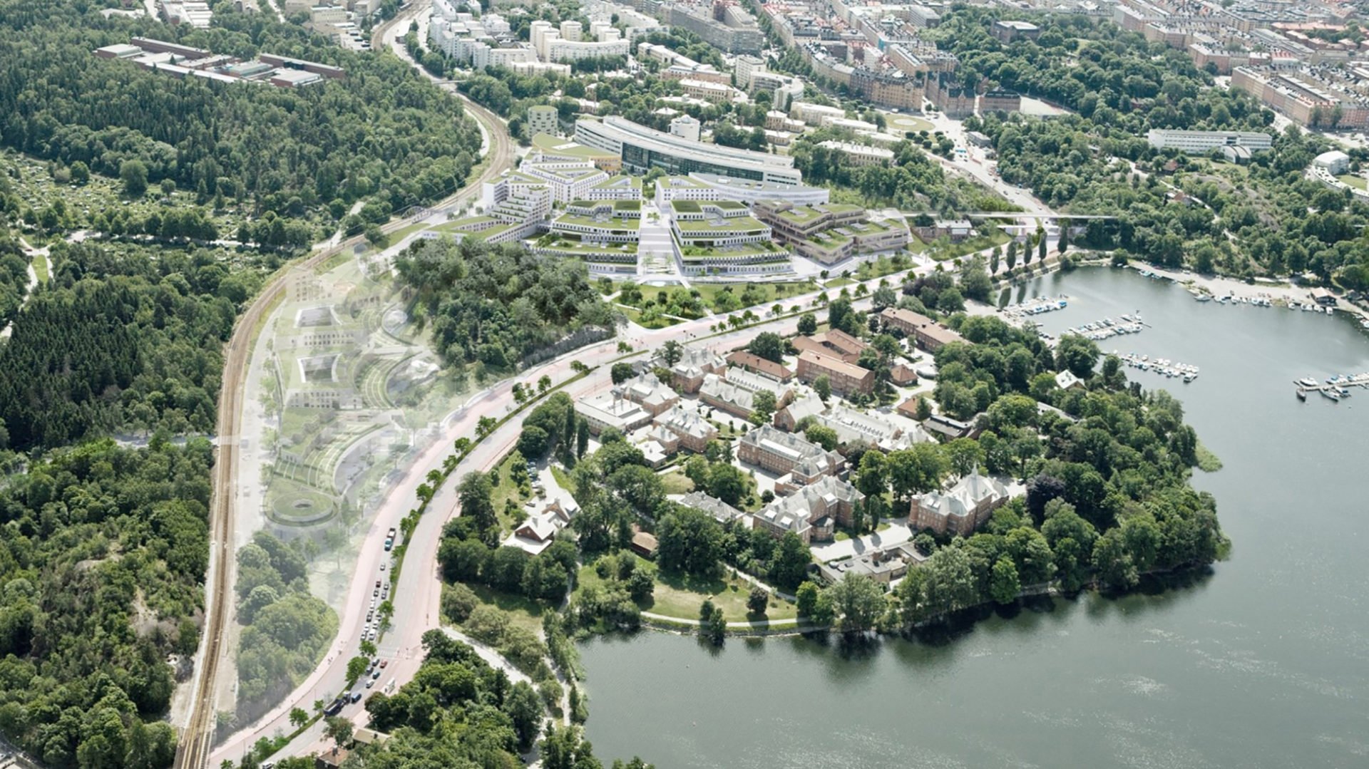 Visonsbild med flygvy över Campus Albano där Ebabs Construction Management-uppdrag omfattade nybyggnad av sju hållbara flerbostadshus.