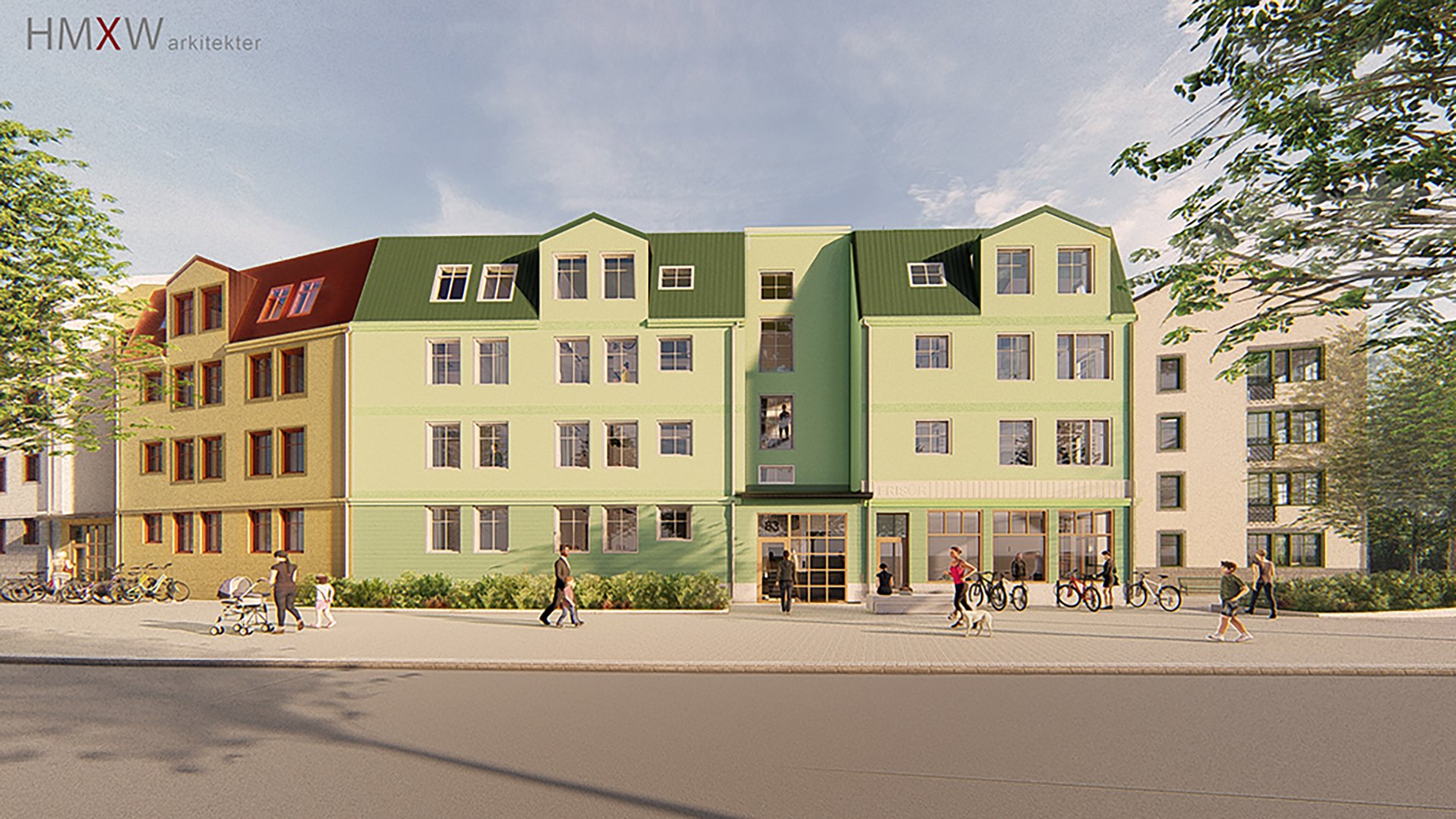 Visionsbild av hus med grön fasad och mörkgrönt tak i Eds allé där Ebab medverkat som generalkonsult för projekteringen.