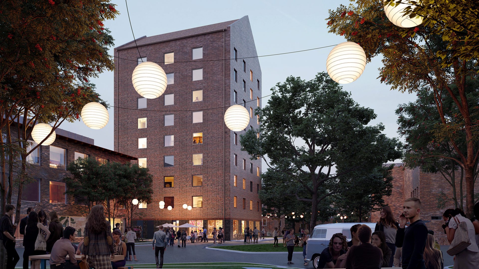 Visionsbild av KTH Campus med byggnader i rött och rislampor hängade i förgrunden. Ebab bidrog med flera spetskompetenser i projektet. 