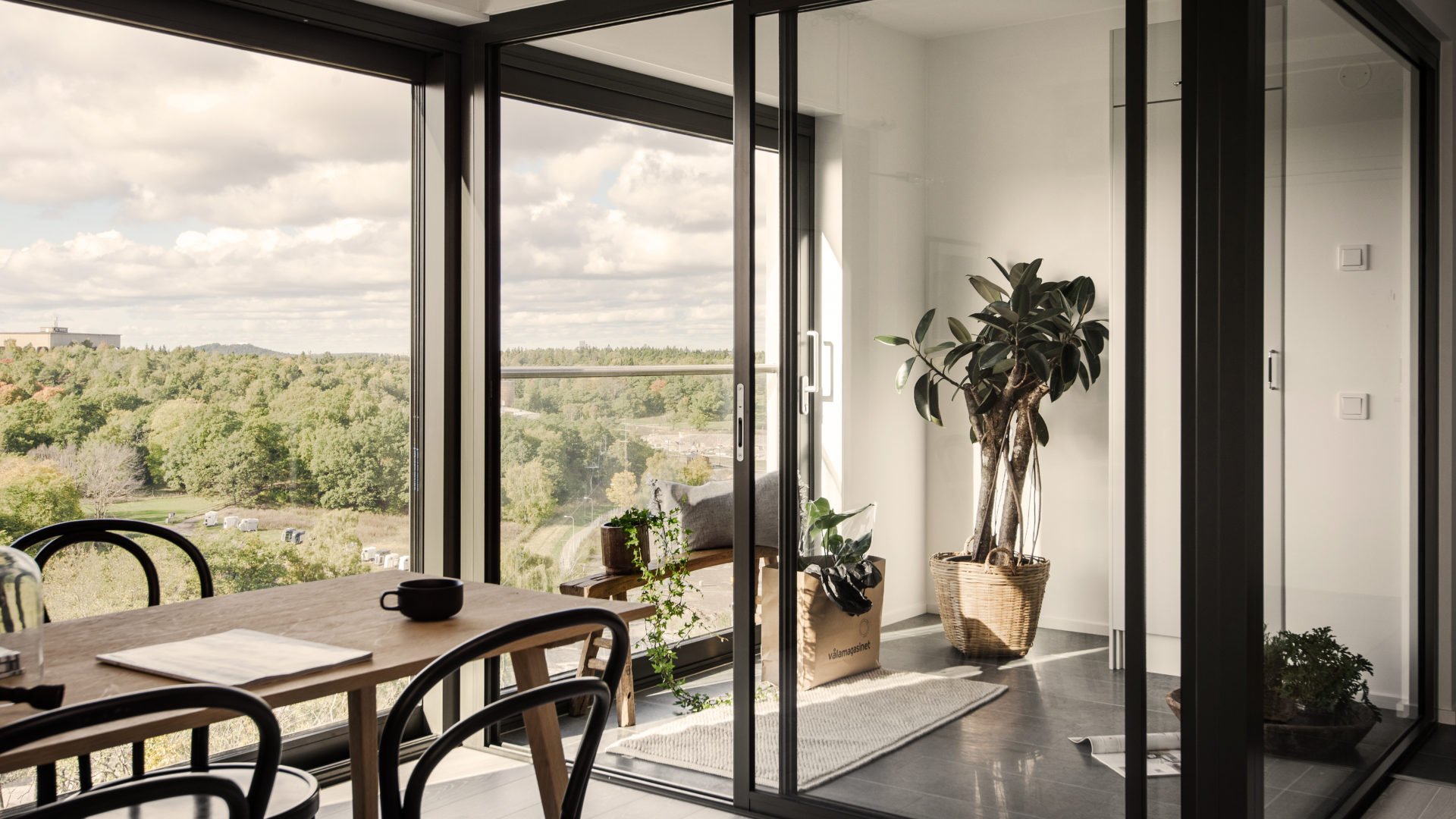 Vy från ett fönster med svarta fönsterbågar i Patriam Gärdet - certifierat enligt Miljöbyggnad Guld