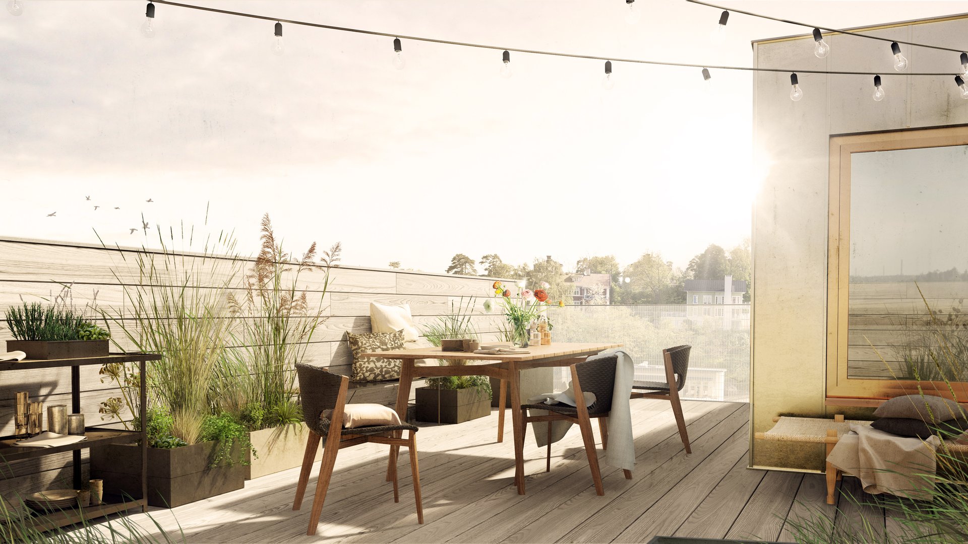 Illustration av en altan med en sittgrupp i Patriam Stocksund, där Ebab bidragit från planering till överlämnande