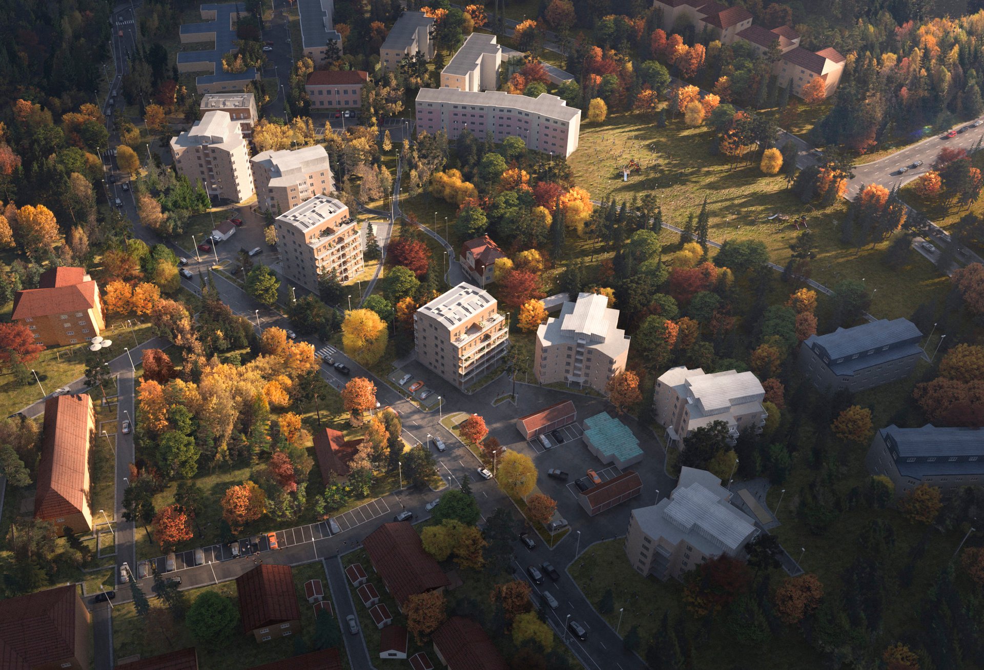 Flygvy över bostadskvarter - Kv. Rickomberga i Uppsala där Ebab arbetat som byggherreombud.