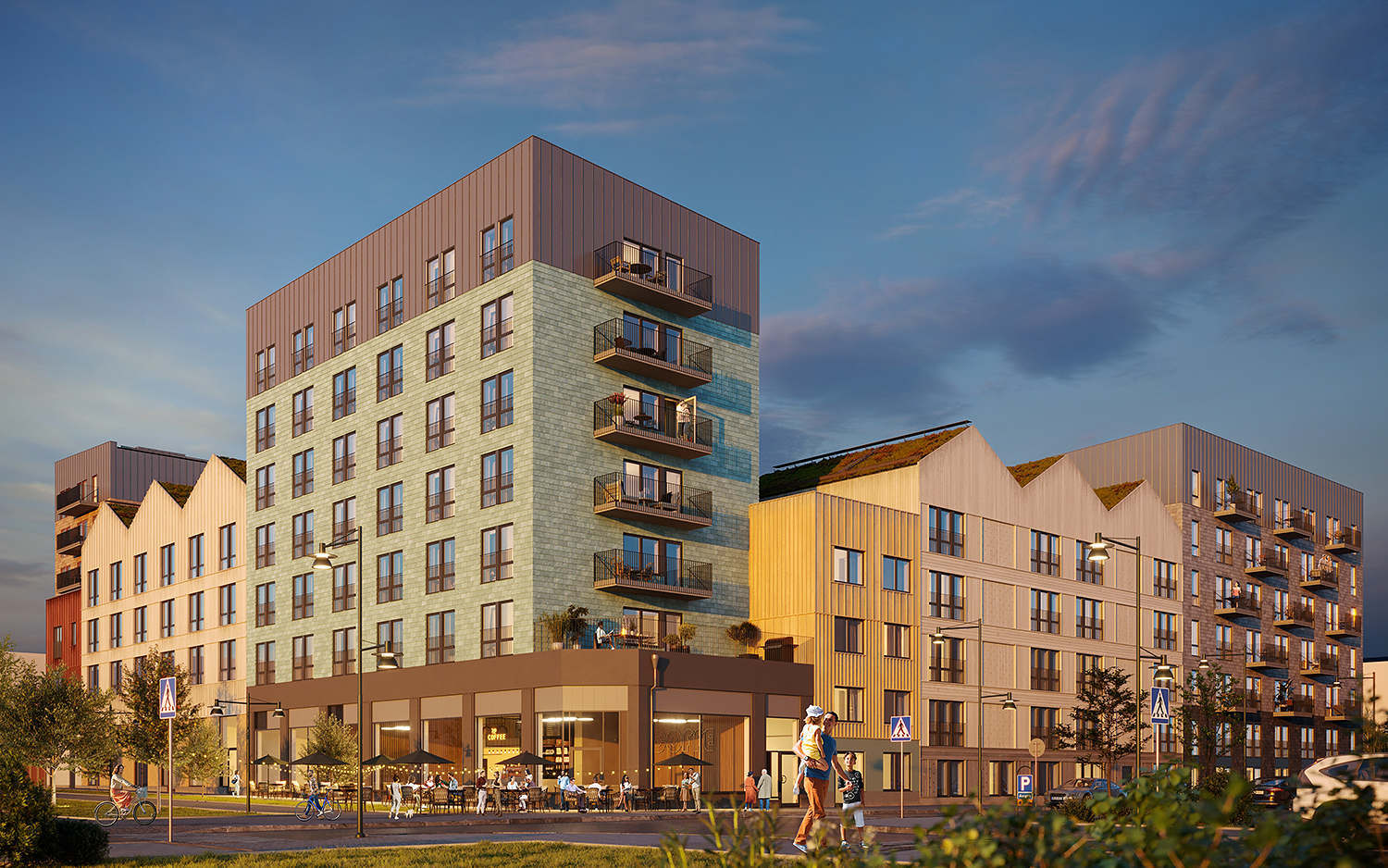 Illustration av flera hus med fasad i grönt tegel och ljust trä i Silhuetten där Ebab bidragit med produktionsledning för hållbara bostäder