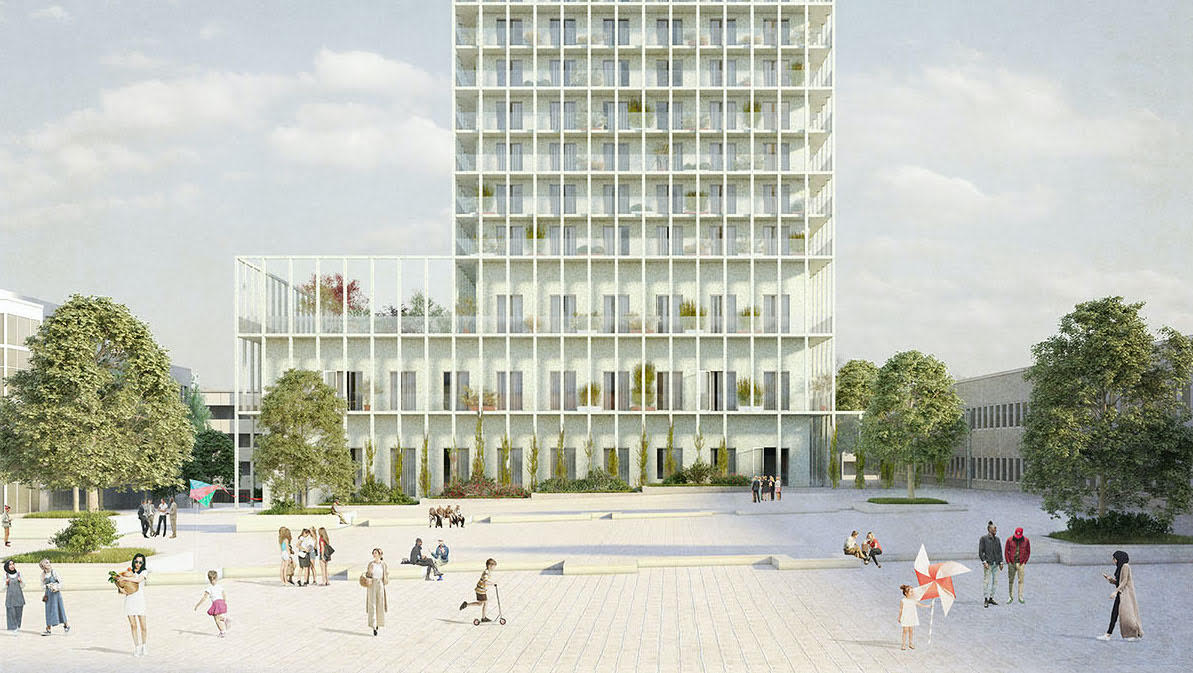Skissbild av ett hus i vitt med inglasade balkonger, det nya Landmärket i Skärholmen där Ebab bygger ett 21-våningshus i ett CM-projekt.