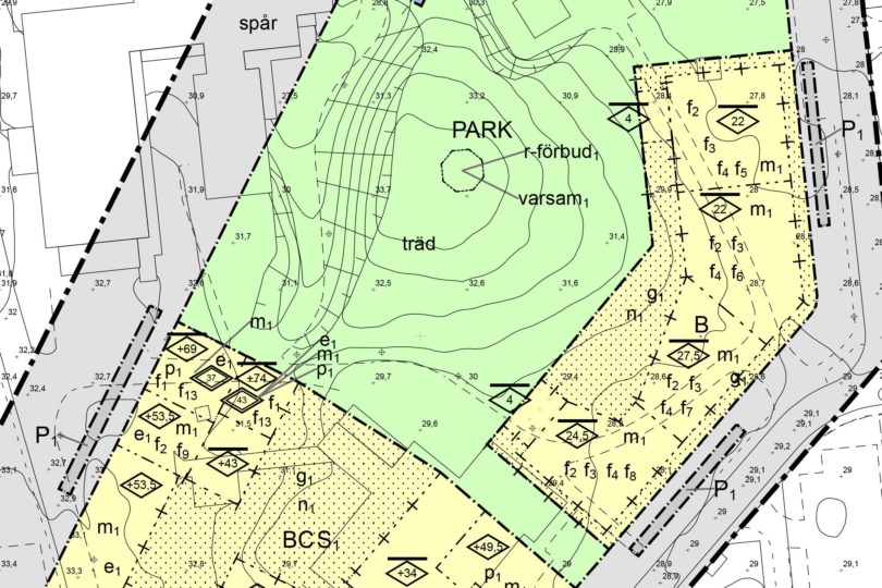 En plankarta som visar en park markerat med grönt - så får du till ekonomiskt byggbara detaljplaner.