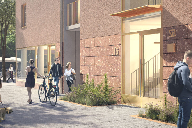 Visionsbild från Campus Albano där personer rör sig framför en fasad i ljust puts och tegel.